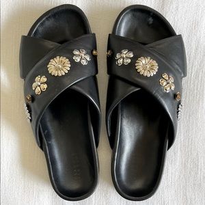 Claudie Pierlot Black Leather Slip-on Sandals w/Metallic Flowers, size 39